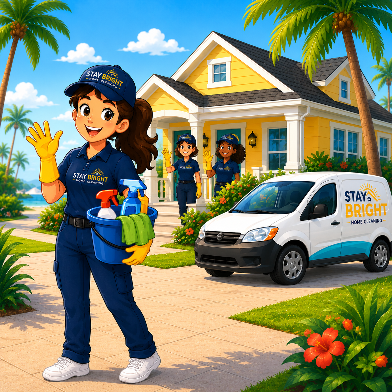 Stay Bright Home Cleaning cartoon flyer artwork with cleaner, Florida home, palm trees, and service van