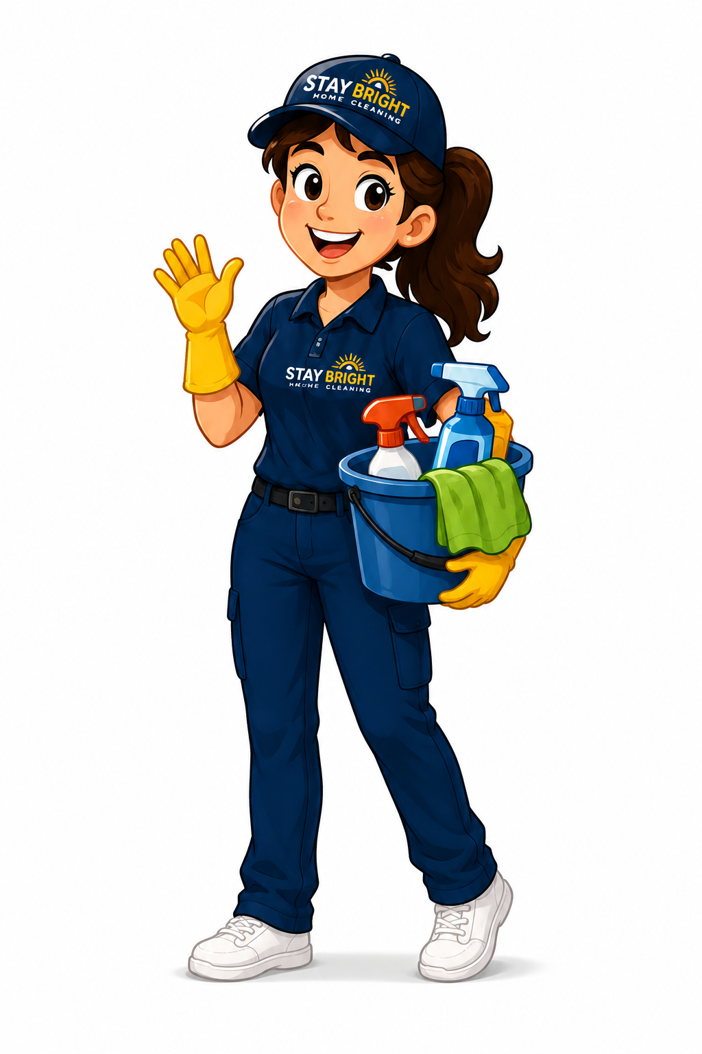 Cartoon Stay Bright cleaner holding cleaning supplies